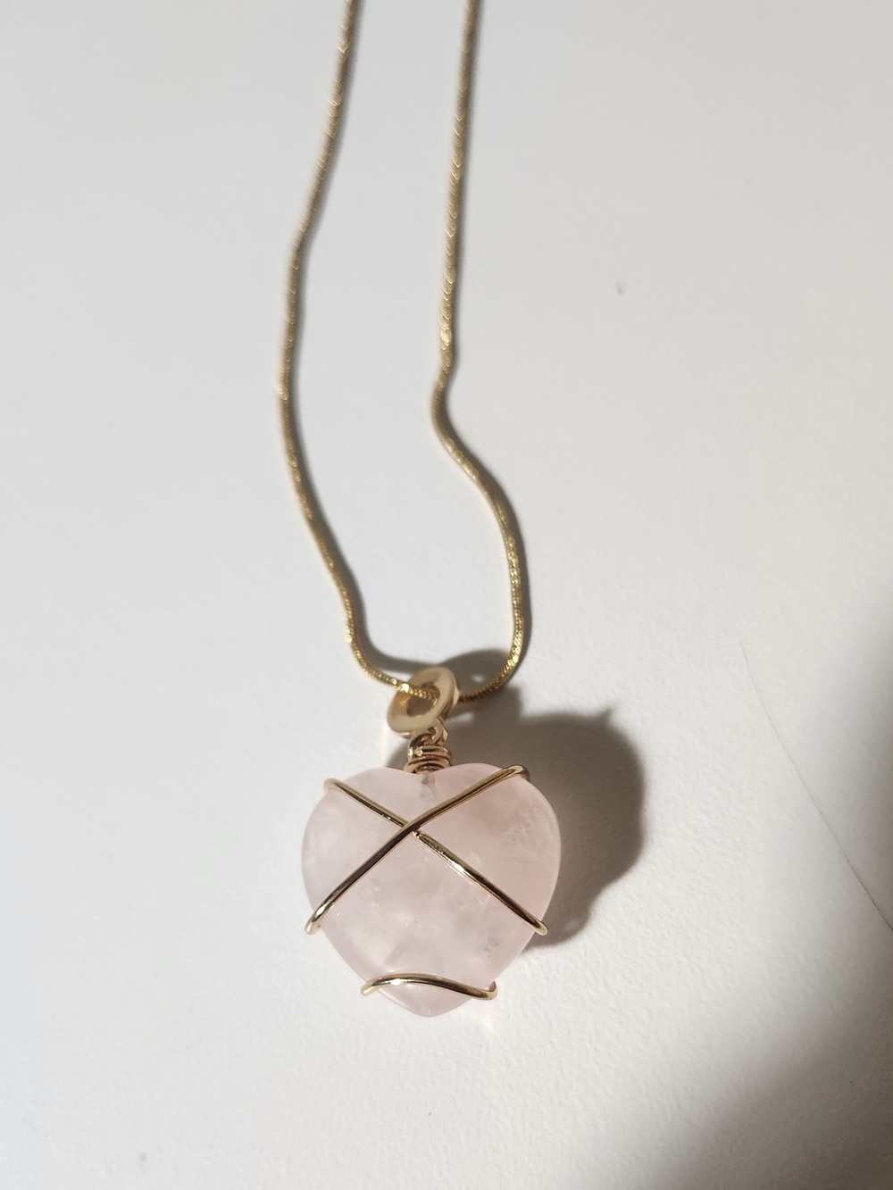 Gold Wire-Wrapped Rose Quartz Heart Pendant Necklace - Pink